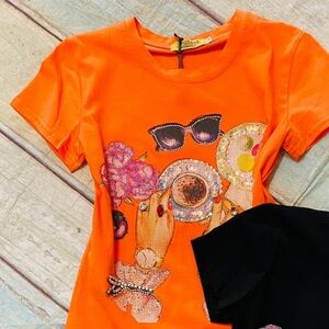 Bright Orange Embellished Graphic Short Sleeve Tee - Zibzng?